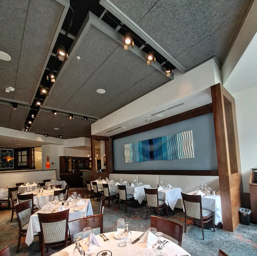 Blue and white wave relief installed at the Marriott restaurant.